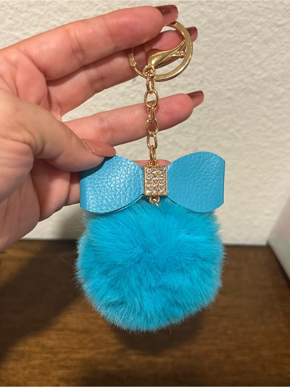 Blue Bow Pom-Pom Bag Charm/Keychain with Gold Tone Accents